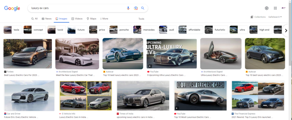 An example of Image Search Results on Google Images based on the term "luxury ev cars".